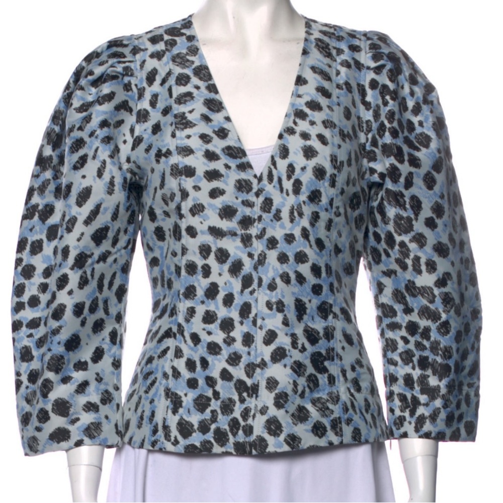 NWT Ganni Crispy Jacquard V-Neck Puff 3/4 sleeve Blue Leopard Blouse Shirt Egret - Picture 6 of 9